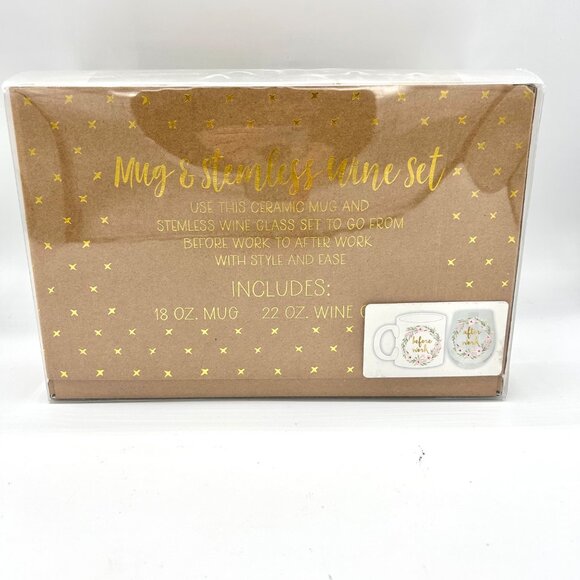 NIP BEFORE & AFTER WORK STEMLESS WINE GLASS COFFEE MUG FLORAL GIFT SET CHRISTMAS - Picture 3 of 6